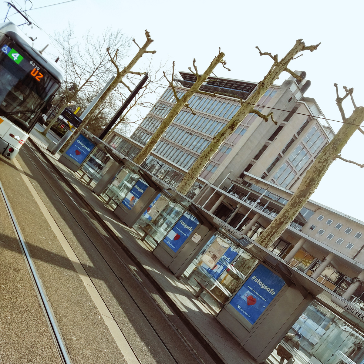 #staysafe corona adverts at the public transport hub in Ghent