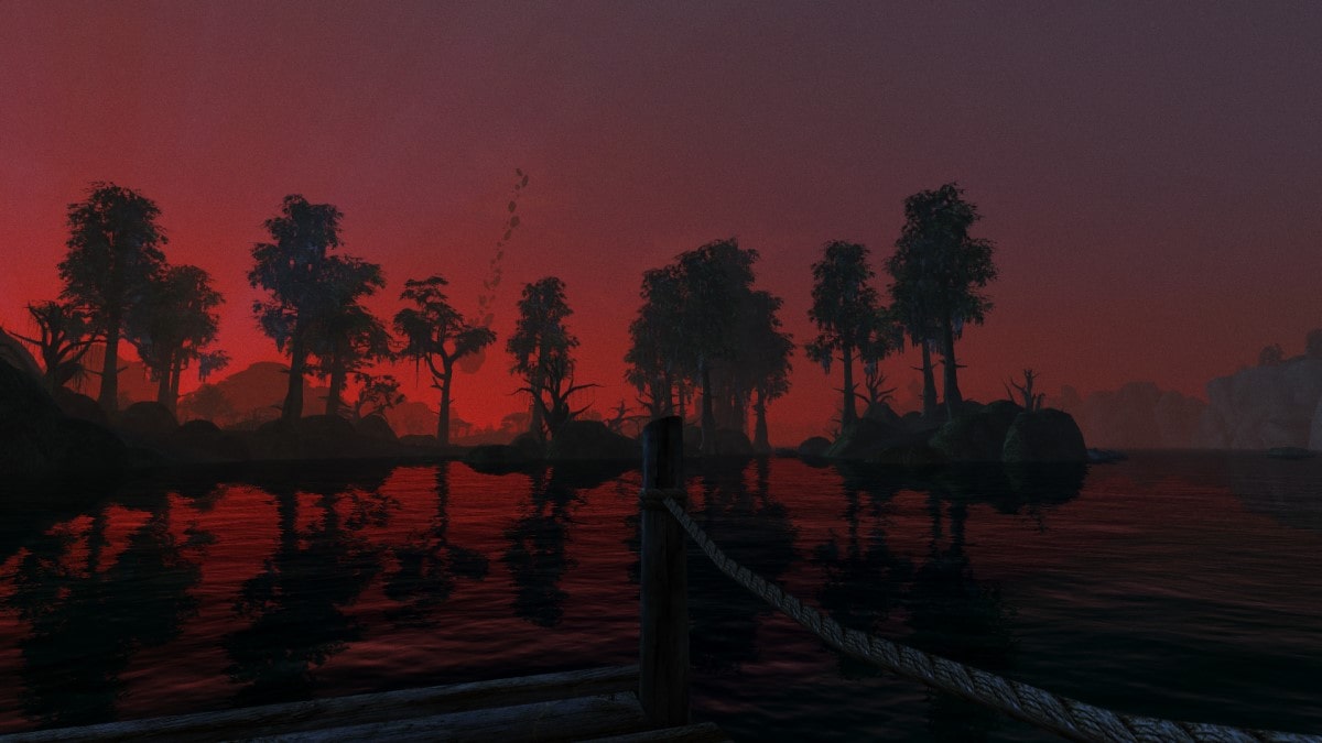 View from the docks of Seyda Neen, with the silhouette of Baar Dau visible in the distance